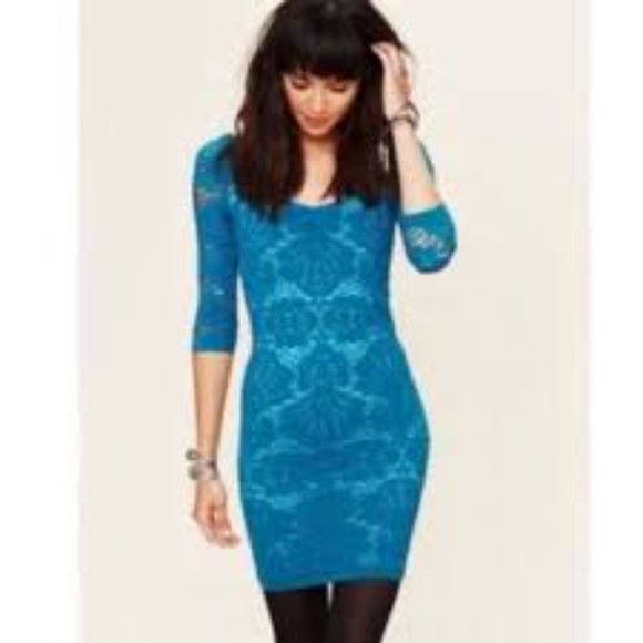 Free People Teal Medallion Lace Body Con Crochet Slip Dress Size M/L - Picture 1 of 8